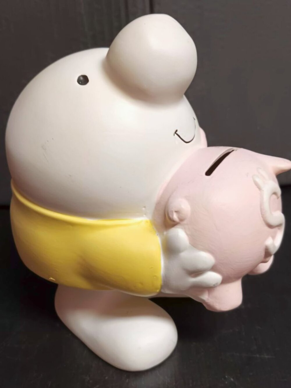 Vintage 1981 Ziggy and piggy ceramic bank. White with pastel pink and yellow.